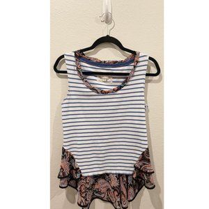 POSTMARK White Blue Stripe Paisley Peplum Ruffle Sleeveless Blouse